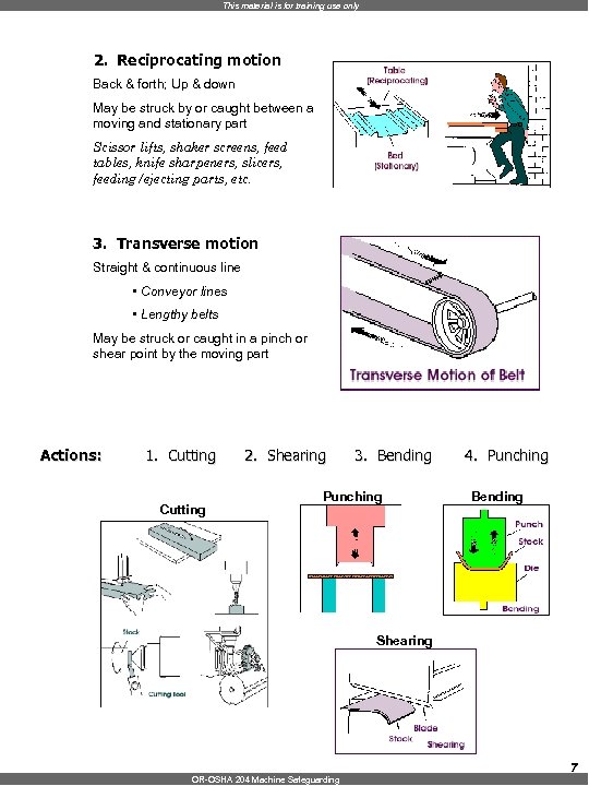 This material is for training use only 2. Reciprocating motion Back & forth; Up