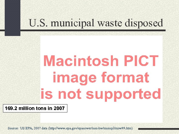 U. S. municipal waste disposed 169. 2 million tons in 2007 Source: US EPA,