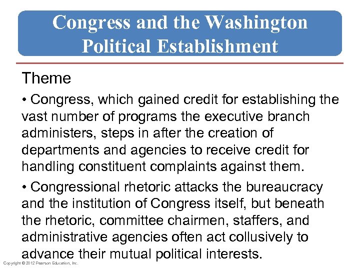 Congress and the Washington Political Establishment Theme • Congress, which gained credit for establishing