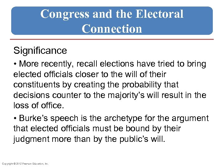 Congress and the Electoral Connection Significance • More recently, recall elections have tried to