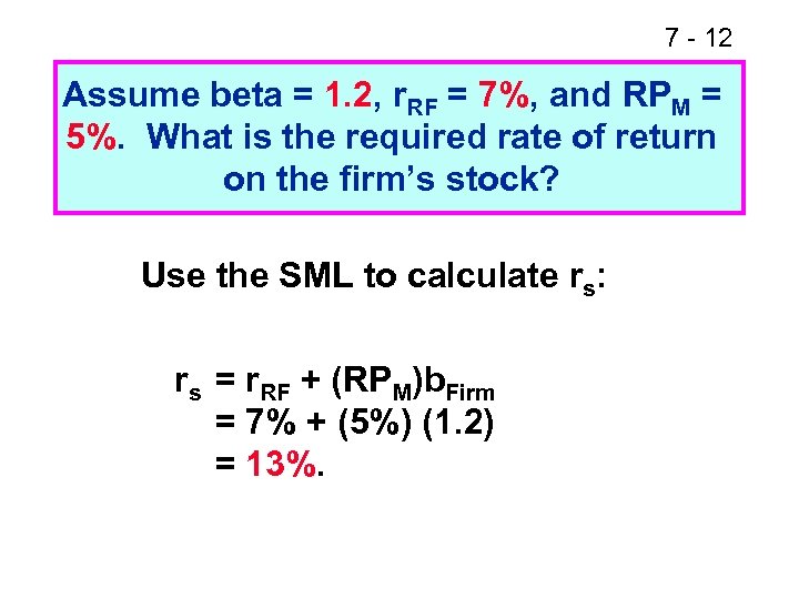 7 - 12 Assume beta = 1. 2, r. RF = 7%, and RPM