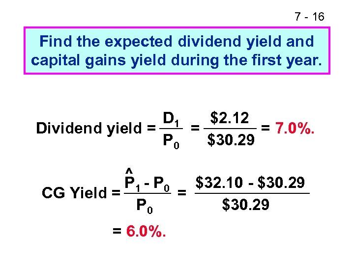 7 - 16 Find the expected dividend yield and capital gains yield during the