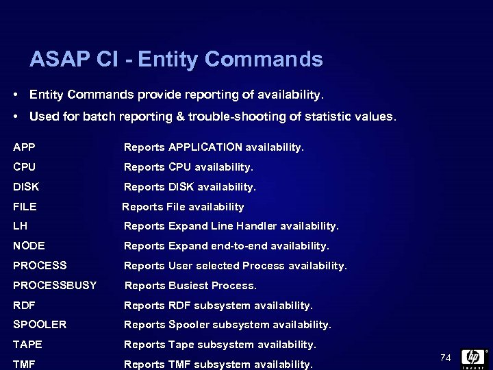 ASAP CI - Entity Commands • Entity Commands provide reporting of availability. • Used