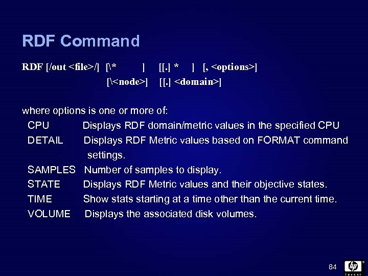 RDF Command RDF [/out <file>/] [* ] [[. ] * ] [, <options>] [<node>]