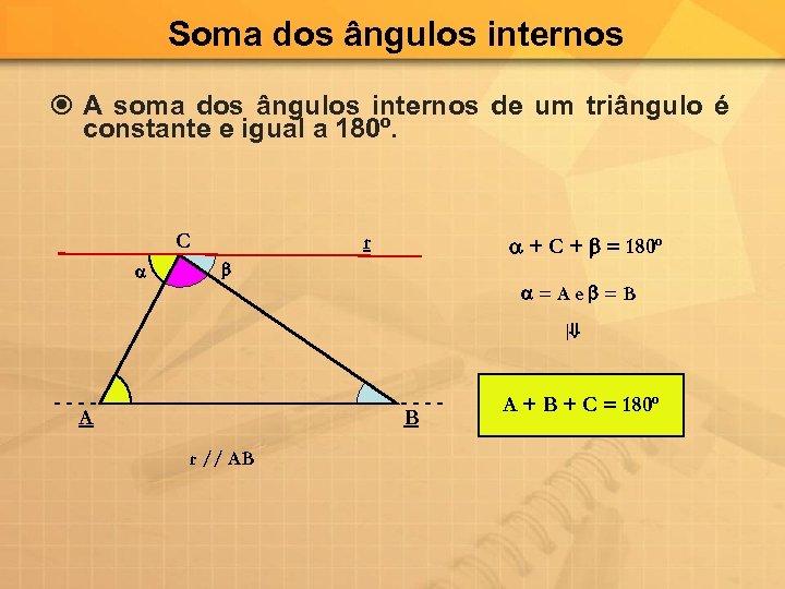 Soma dos ângulos internos A soma dos ângulos internos de um triângulo é constante