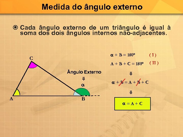 Medida do ângulo externo Cada ângulo externo de um triângulo é igual à soma