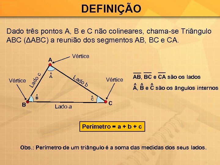 DEFINIÇÃO Dado três pontos A, B e C não colineares, chama-se Triângulo ABC (ΔABC)