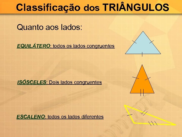 Classificação dos TRI NGULOS Quanto aos lados: EQUILÁTERO: todos os lados congruentes EQUILÁTERO ISÓSCELES: