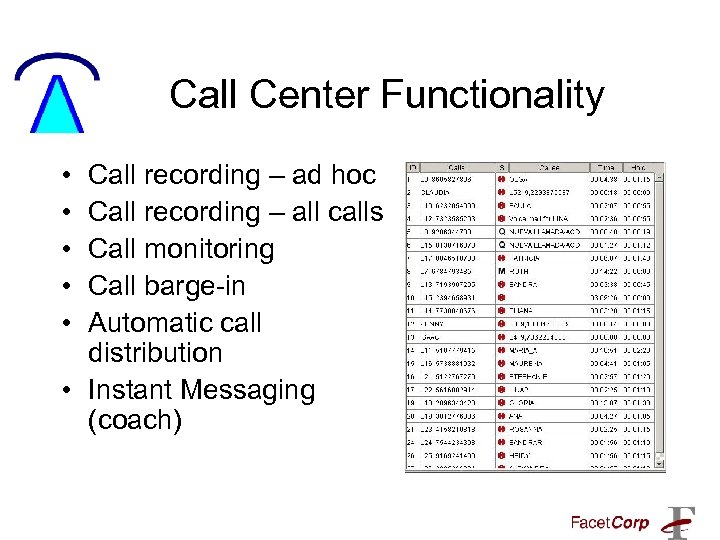 Call Center Functionality • • • Call recording – ad hoc Call recording –