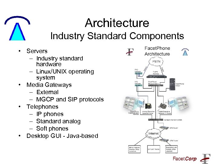 Architecture Industry Standard Components • Servers – Industry standard hardware – Linux/UNIX operating system