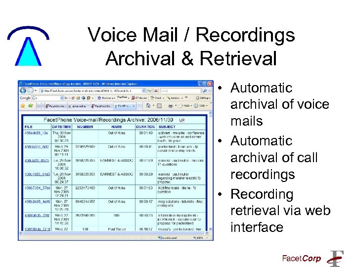 Voice Mail / Recordings Archival & Retrieval • Automatic archival of voice mails •