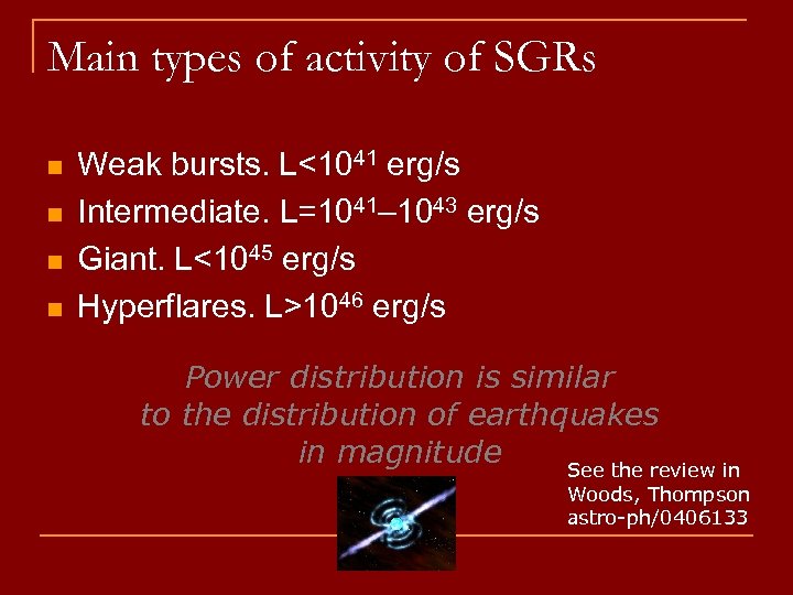Main types of activity of SGRs n n Weak bursts. L<1041 erg/s Intermediate. L=1041–