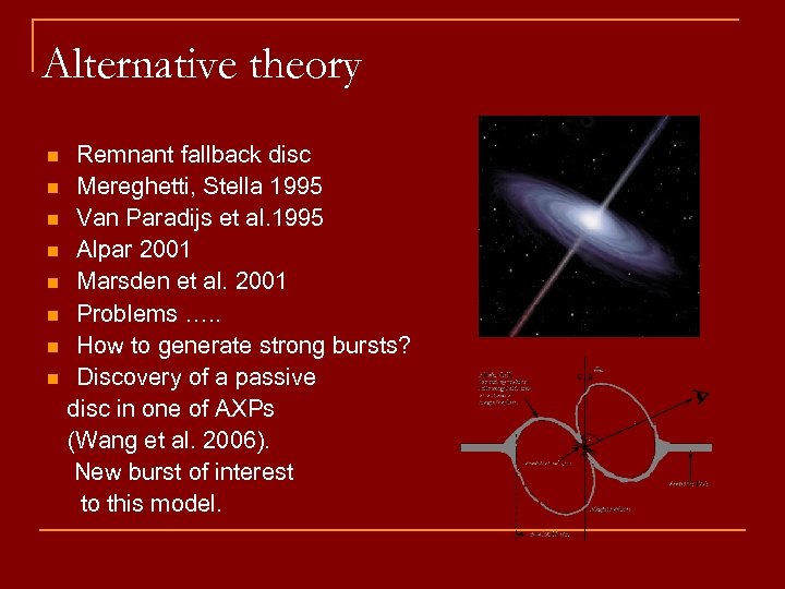 Alternative theory n n n n Remnant fallback disc Mereghetti, Stella 1995 Van Paradijs