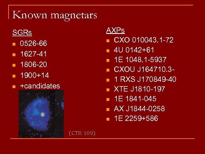 Known magnetars AXPs n CXO 010043. 1 -72 n 4 U 0142+61 n 1
