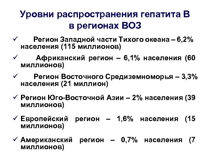 Уровни распространения гепатита В в регионах ВОЗ ü Регион Западной части Тихого океана –