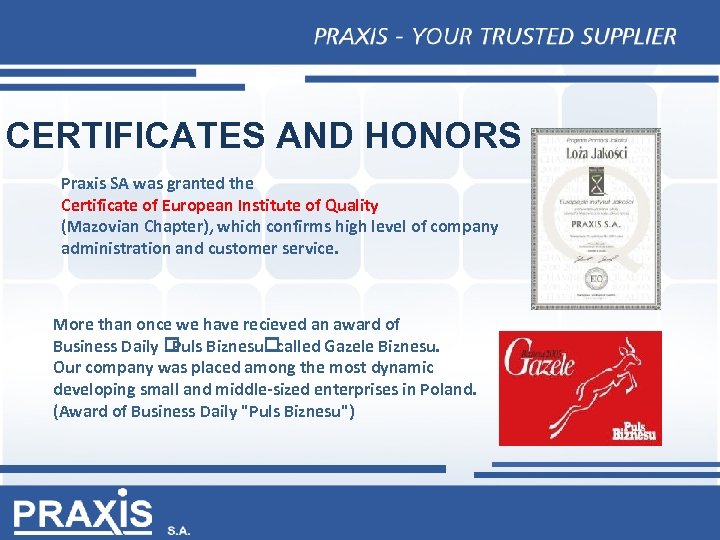 CERTIFICATES AND HONORS Praxis SA was granted the Certificate of European Institute of Quality