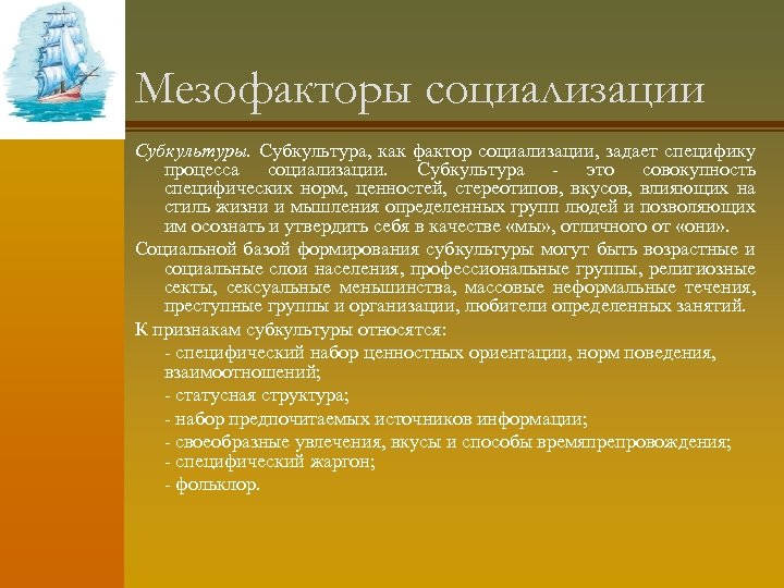 Мезофакторы социализации Субкультуры. Субкультура, как фактор социализации, задает специфику процесса социализации. Субкультура - это