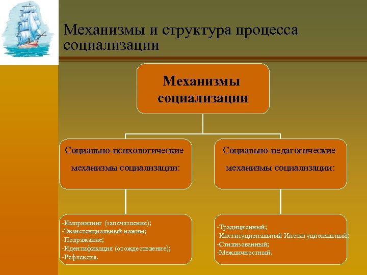 Механизмы и структура процесса социализации Механизмы социализации Социально-психологические Социально-педагогические механизмы социализации: -Импринтинг (запечатление); -Экзистенциальный