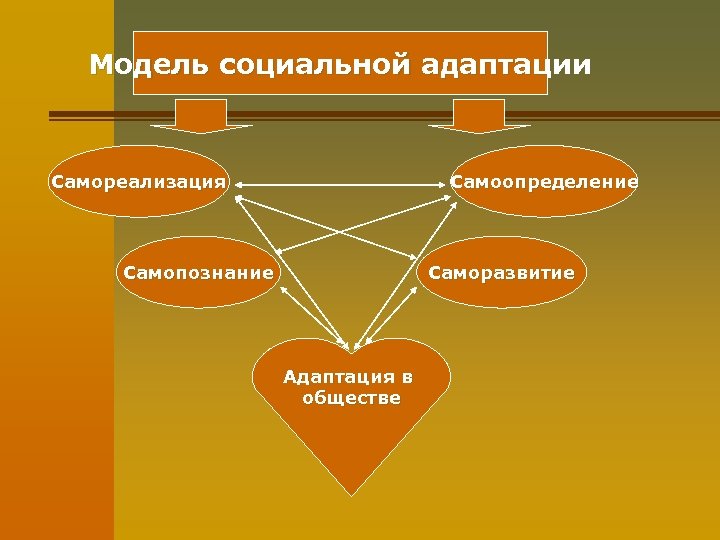 Модель социальной адаптации Самоопределение Самореализация Самопознание Саморазвитие Адаптация в обществе 
