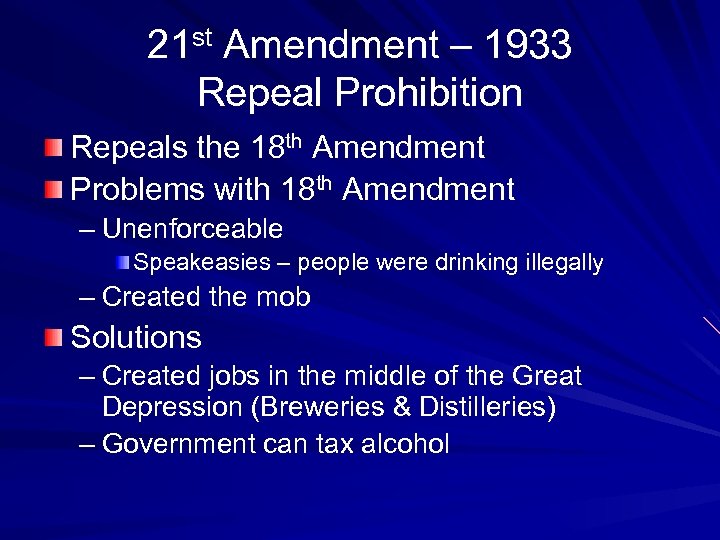 21 st Amendment – 1933 Repeal Prohibition Repeals the 18 th Amendment Problems with