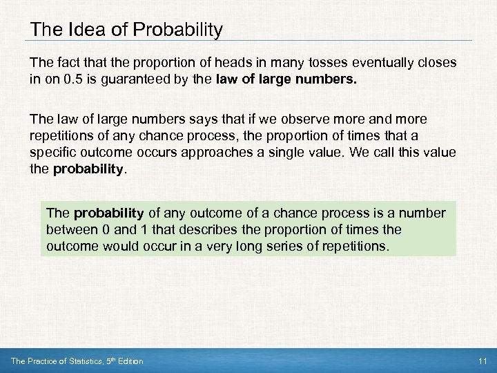 The Idea of Probability The fact that the proportion of heads in many tosses