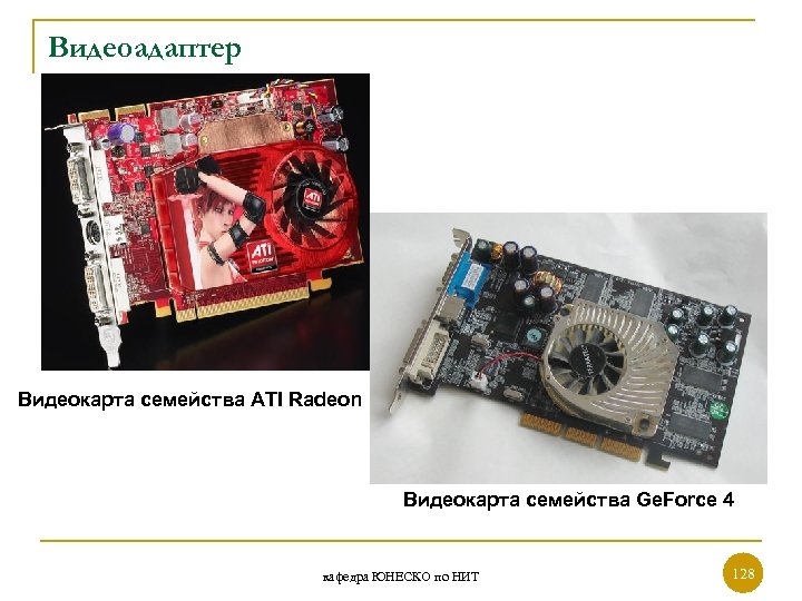 Видеоадаптер Видеокарта семейства ATI Radeon Видеокарта семейства Ge. Force 4 кафедра ЮНЕСКО по НИТ