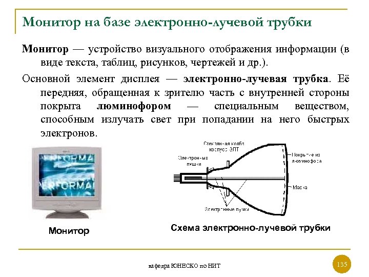 Монитор на базе электронно-лучевой трубки Монитор — устройство визуального отображения информации (в виде текста,