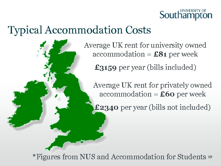 Typical Accommodation Costs Average UK rent for university owned accommodation = £ 81 per