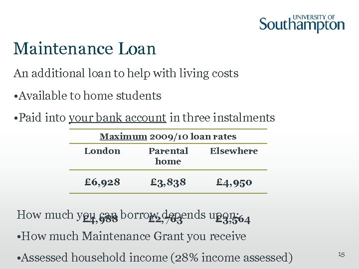 Maintenance Loan An additional loan to help with living costs • Available to home