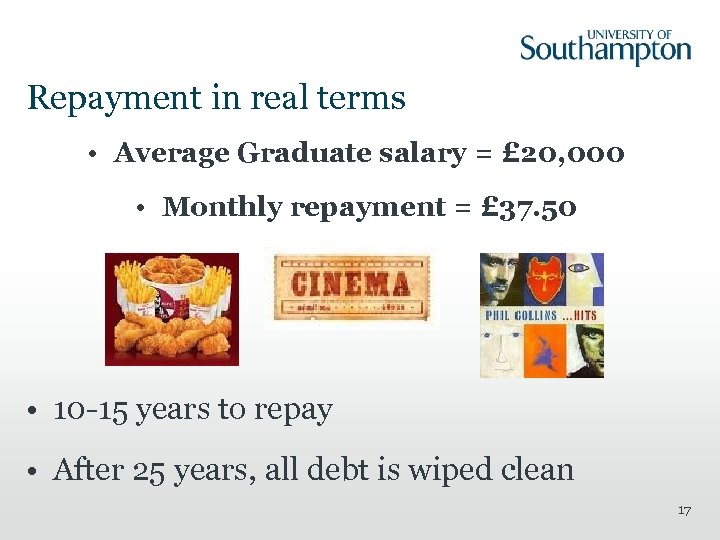 Repayment in real terms • Average Graduate salary = £ 20, 000 • Monthly