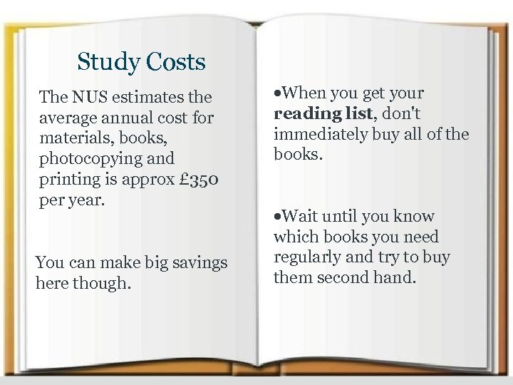 Study Costs The NUS estimates the average annual cost for materials, books, photocopying and