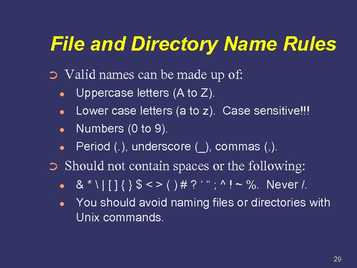 File and Directory Name Rules Valid names can be made up of: ➲ ●