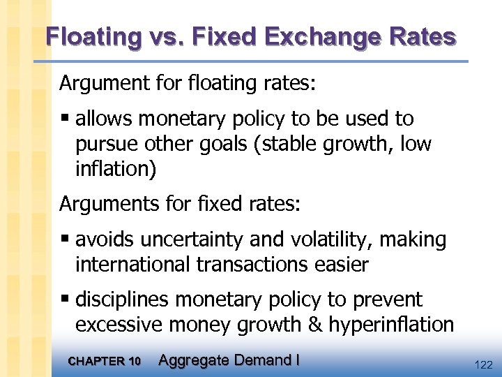 Floating vs. Fixed Exchange Rates Argument for floating rates: § allows monetary policy to