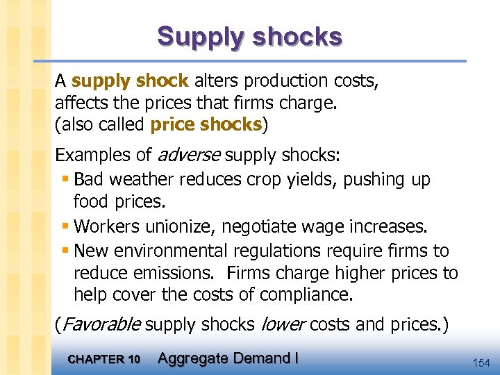 Supply shocks A supply shock alters production costs, affects the prices that firms charge.