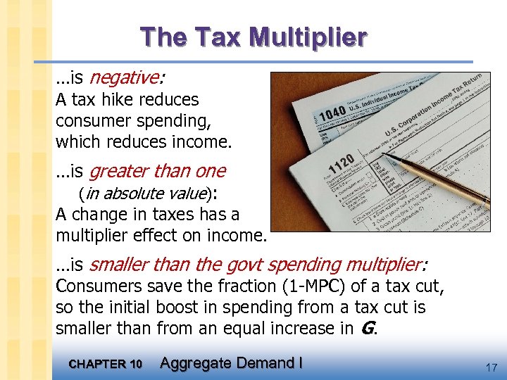 The Tax Multiplier …is negative: A tax hike reduces consumer spending, which reduces income.