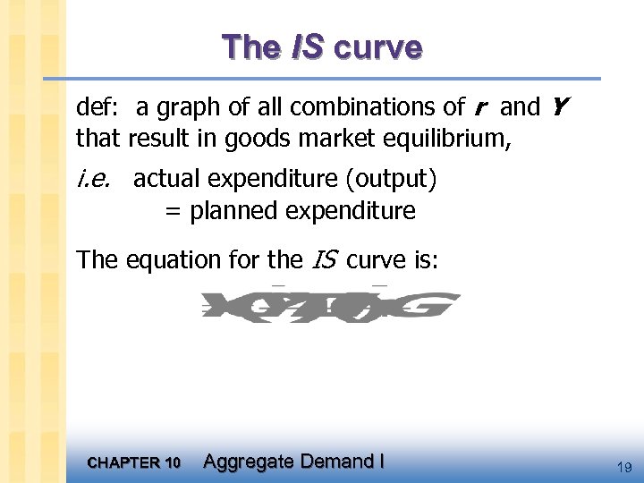 The IS curve def: a graph of all combinations of r and Y that