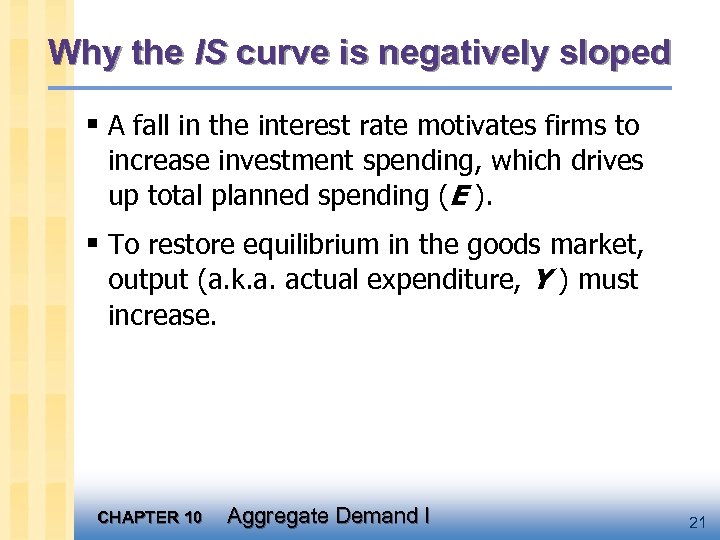 Why the IS curve is negatively sloped § A fall in the interest rate