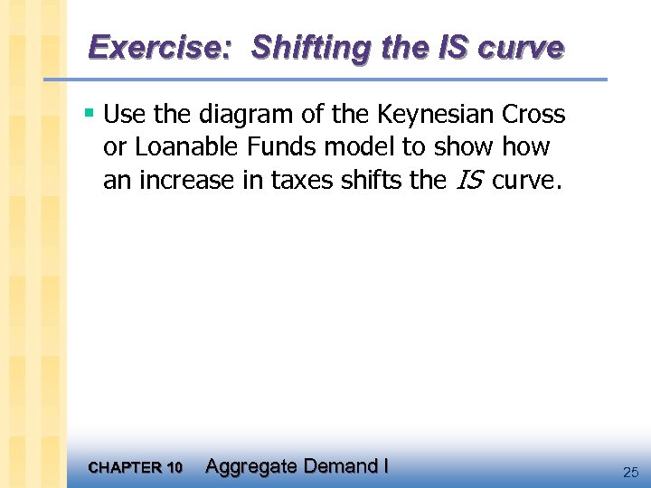 Exercise: Shifting the IS curve § Use the diagram of the Keynesian Cross or