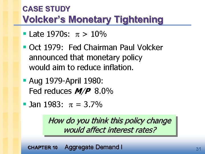 CASE STUDY Volcker’s Monetary Tightening § Late 1970 s: > 10% § Oct 1979: