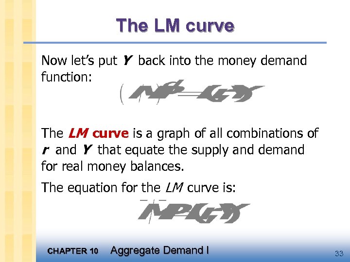 The LM curve Now let’s put Y back into the money demand function: The