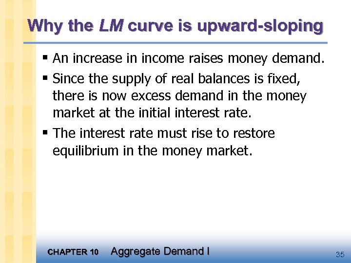 Why the LM curve is upward-sloping § An increase in income raises money demand.