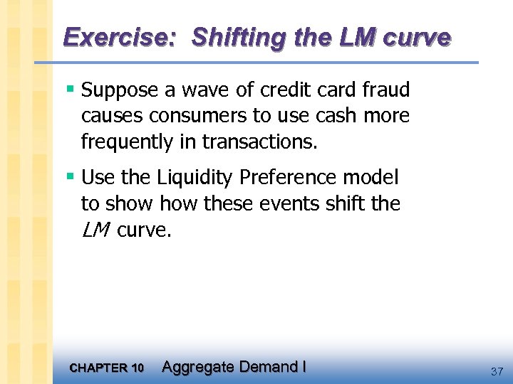 Exercise: Shifting the LM curve § Suppose a wave of credit card fraud causes