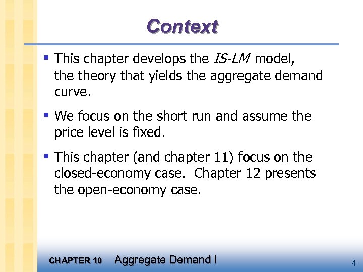 Context § This chapter develops the IS-LM model, theory that yields the aggregate demand