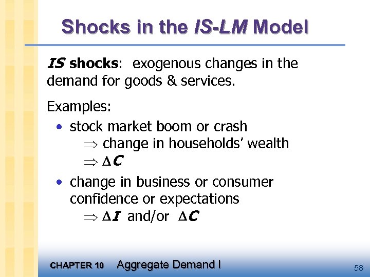 Shocks in the IS-LM Model IS shocks: exogenous changes in the demand for goods