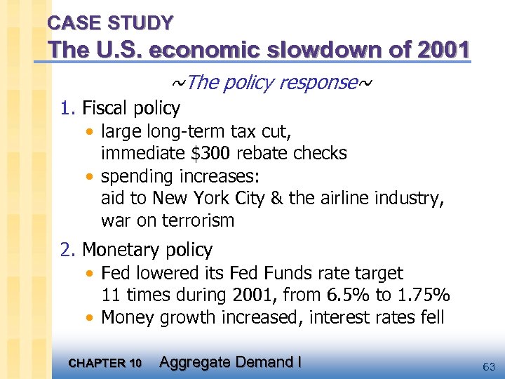 CASE STUDY The U. S. economic slowdown of 2001 ~The policy response~ 1. Fiscal