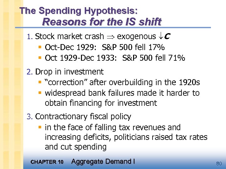 The Spending Hypothesis: Reasons for the IS shift 1. Stock market crash exogenous C