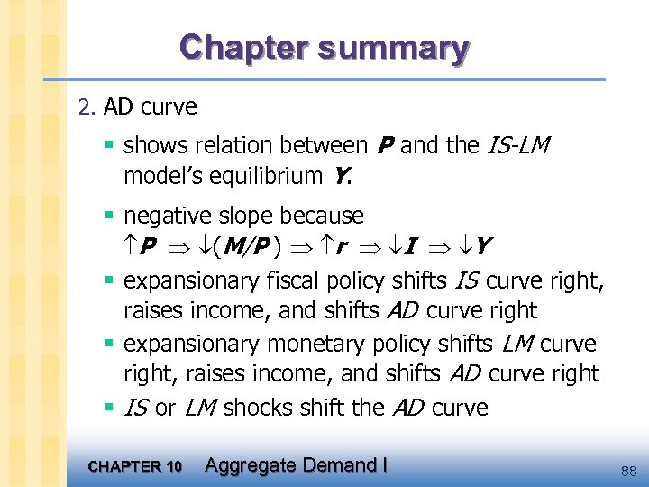 Chapter summary 2. AD curve § shows relation between P and the IS-LM model’s