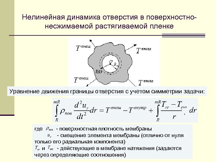 Нелинейная динамика отверстия в поверхностно несжимаемой растягиваемой пленке Уравнение движения границы отверстия с учетом
