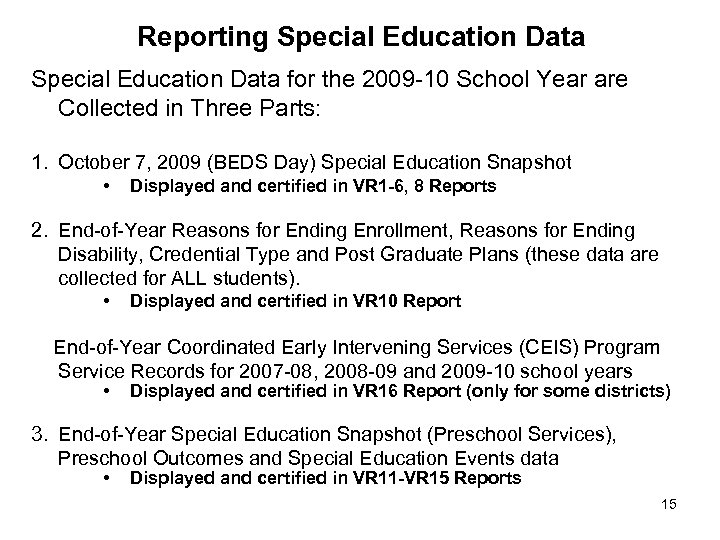 Reporting Special Education Data for the 2009 -10 School Year are Collected in Three