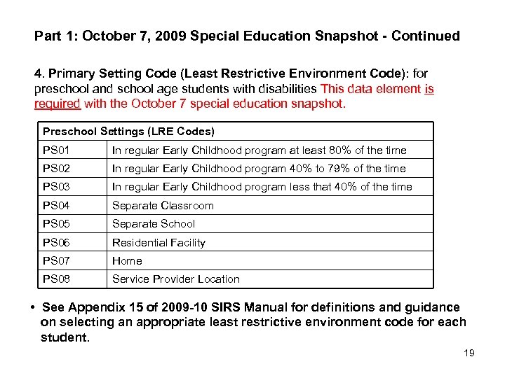 Part 1: October 7, 2009 Special Education Snapshot - Continued 4. Primary Setting Code